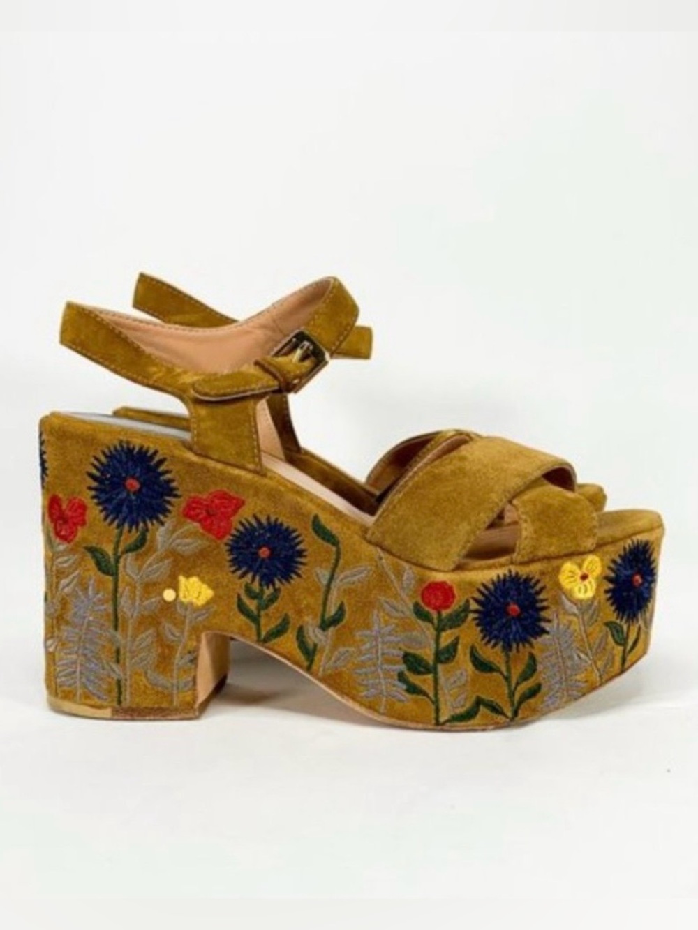 Laurence Dacade Mustard Suede Floral Embroidered Platform Sandal